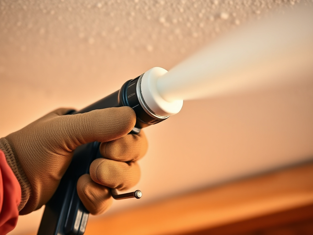Close-up of a spray foam insulation gun applying cured foam texture