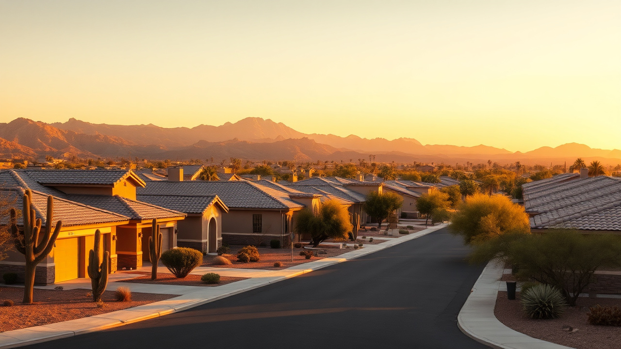 Suburban San Tan Valley, Arizona neighborhood with stucco homes and desert landscaping