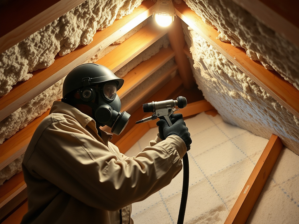 Technician spraying foam insulation onto an attic roof deck